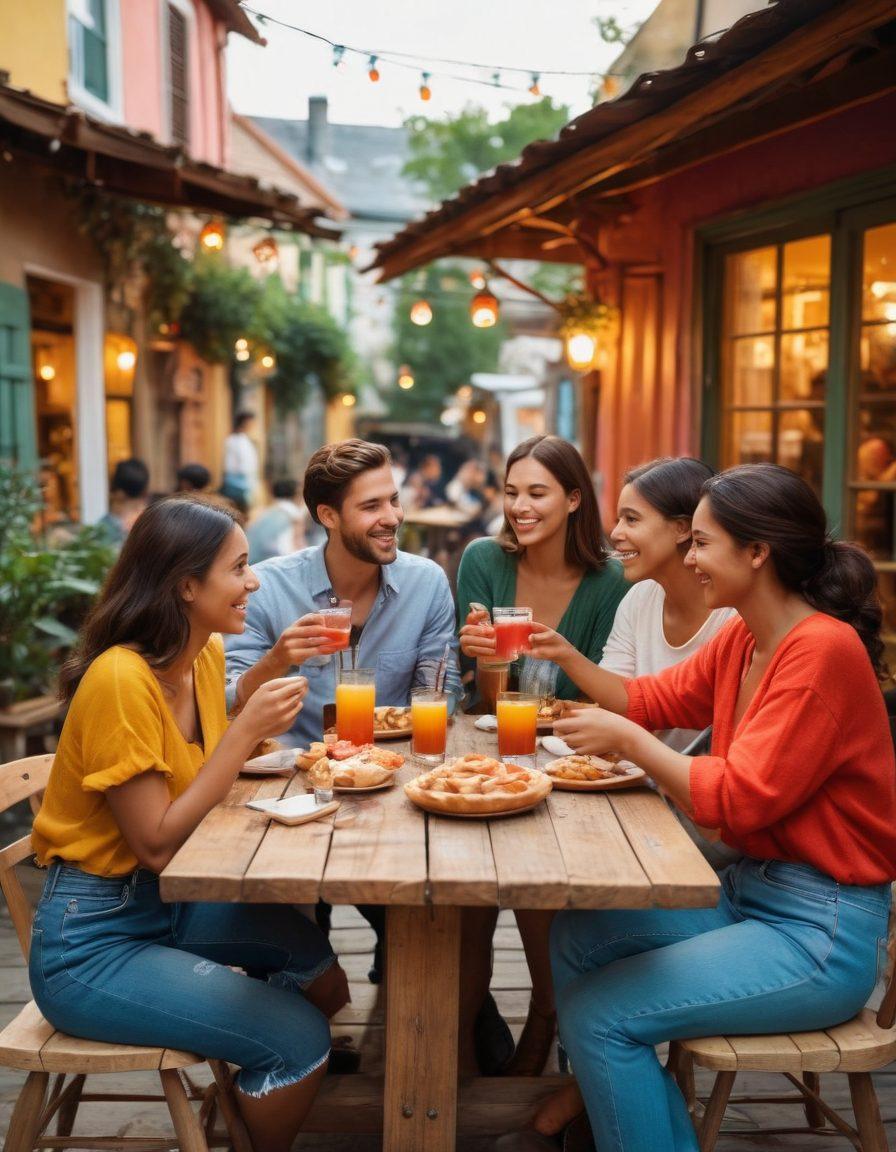 A romantic scene featuring a diverse group of friends engaging in light-hearted conversations at an outdoor café, symbolizing connection and intimacy. In the backdrop, subtle hints of intertwined hearts and playful icons representing both deep relationships and casual encounters. The atmosphere should feel warm and inviting, capturing the essence of shared moments. super-realistic. vibrant colors. soft focus.