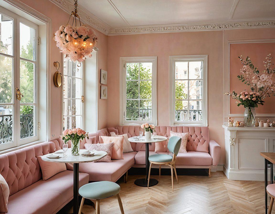 A warm and inviting scene depicting a couple engaged in a playful flirtation at a cozy café, surrounded by subtle heart-shaped elements in the decor. The background features soft, muted colors that convey a sense of intimacy, with light streaming in from a window, symbolizing connection and companionship. Incorporate delicate floral motifs that suggest growth in relationships. soft pastel colors. painting. romantic atmosphere.