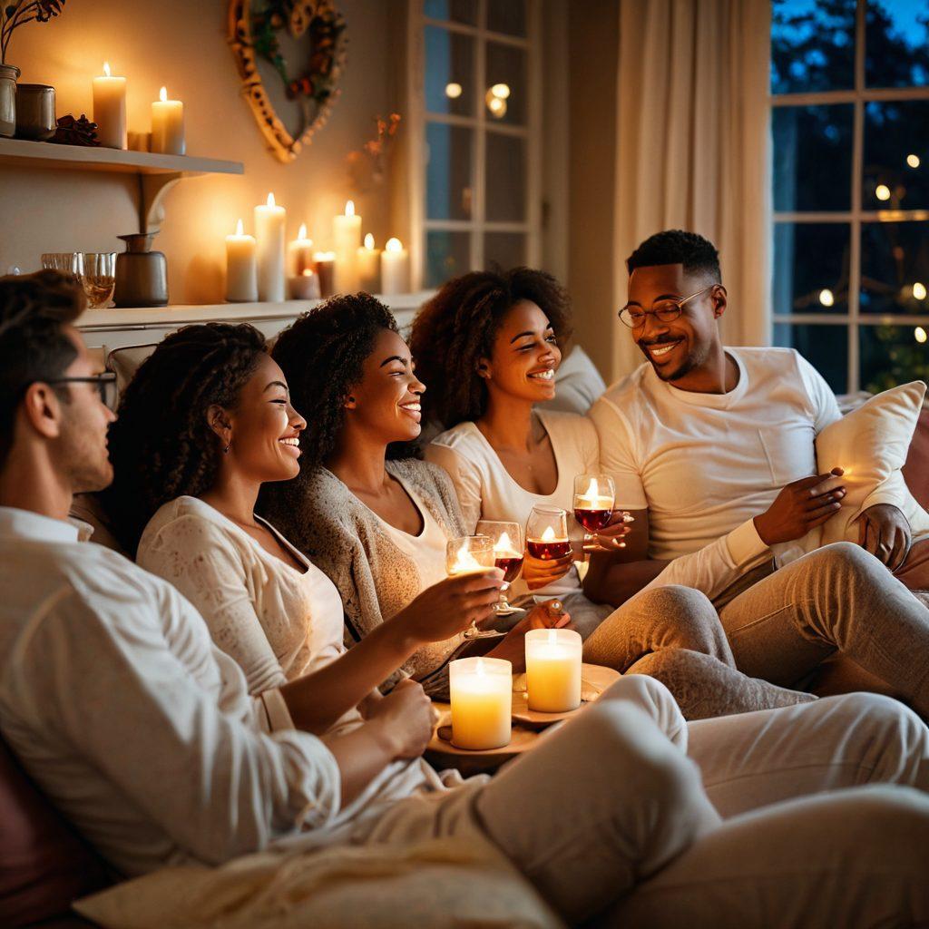 A diverse group of adults in a cozy, intimate setting, sharing laughter and stories over candles and soft lighting, with symbols of love like hearts and roses gently floating around. The background features elements of romance and intimacy such as wine glasses and pillows. The atmosphere is warm and inviting, evoking a sense of connection and understanding in relationships. super-realistic. warm tones. soft focus.